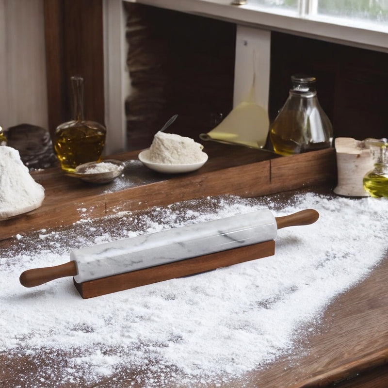 Bianca - Rolling Pin with rest - White Marble & Wood