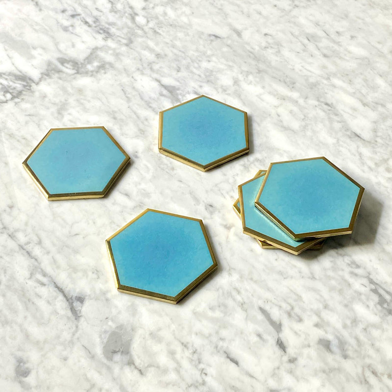 Teal & Gold Handmade Ceramic Coasters - Set of 6 / Clearance