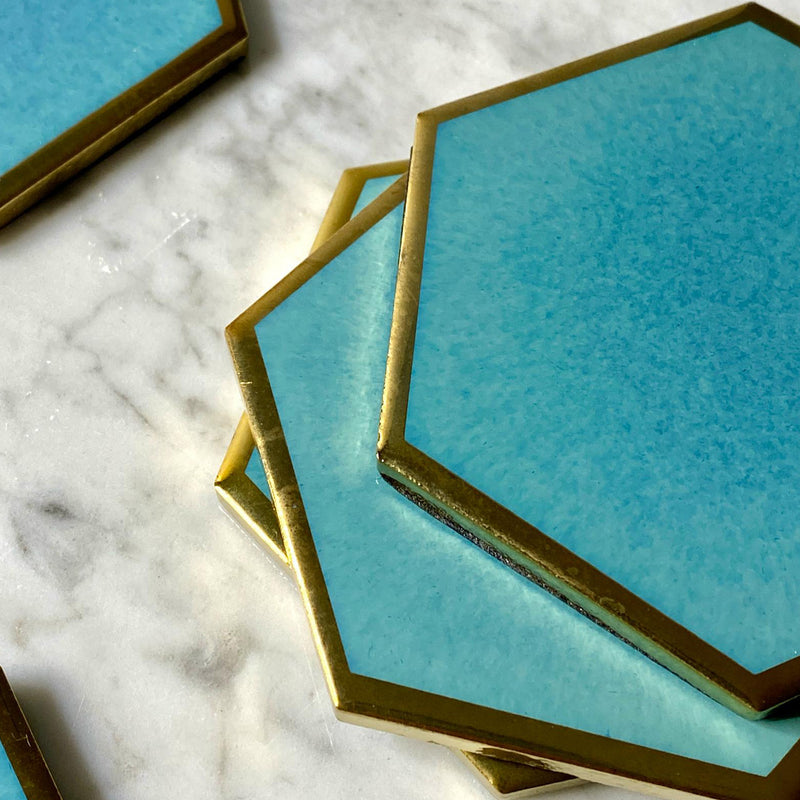 Teal & Gold Handmade Ceramic Coasters - Set of 6 / Clearance