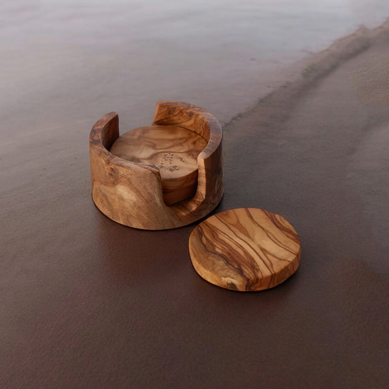 Rosalie - Round Olive Wood Coaster Set with Holder - Set of 4