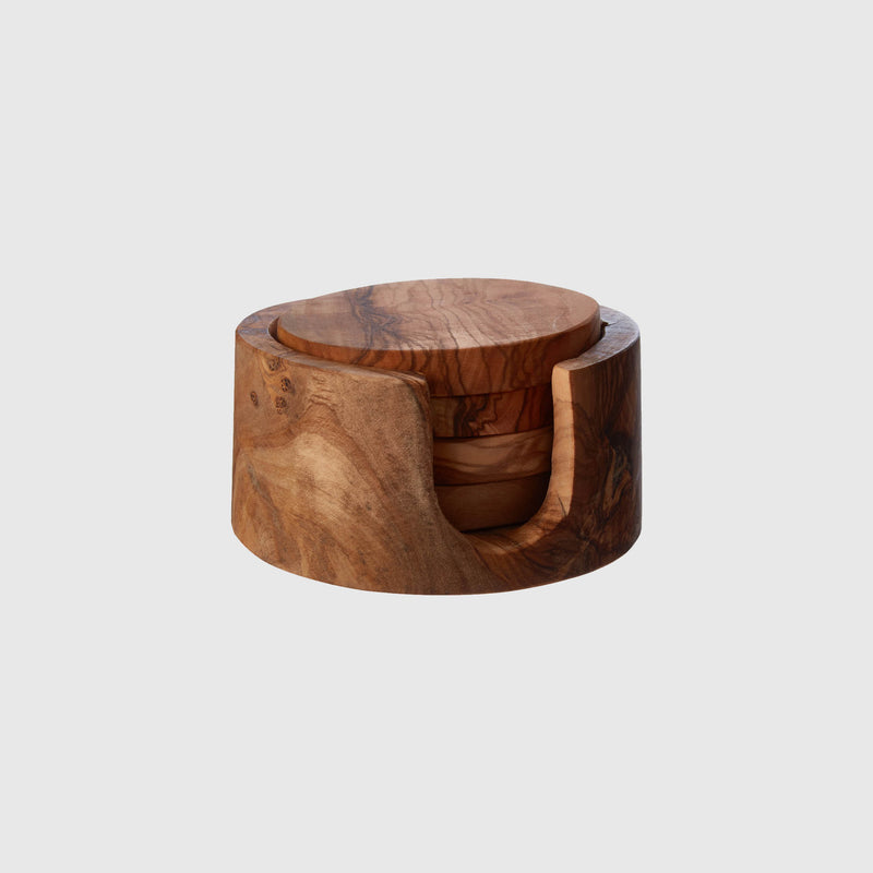 Rosalie - Round Olive Wood Coaster Set with Holder - Set of 4