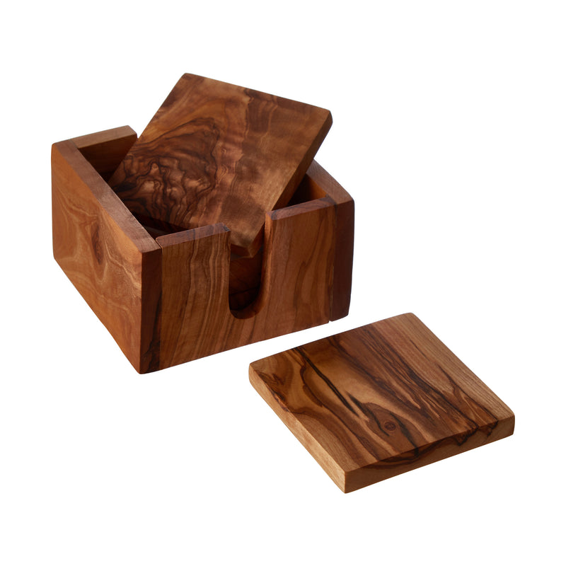 Rosalie - Square Olive Wood Coaster Set with Holder - Set of 4