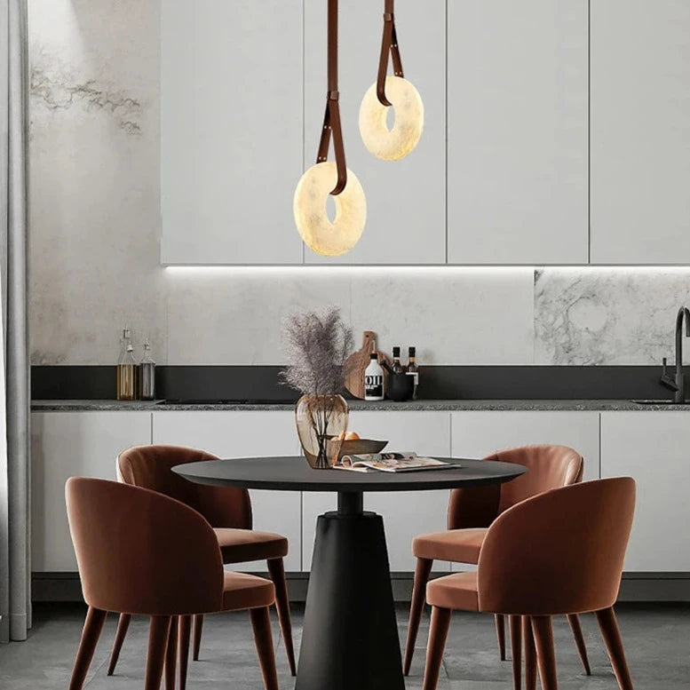 Angelo - Pendant - Alabaster, Brown Leather & Gold