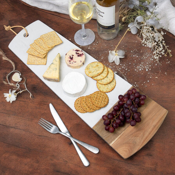 Savino - White Marble & Acacia Wood Rectangular Tray - Munde Home