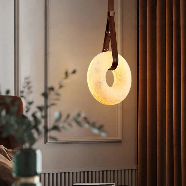 Angelo - Pendant - Alabaster, Brown Leather & Gold